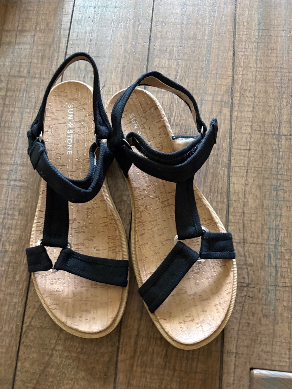 Sun + Stone Black Strappy Cork-Style Comfort Sandals